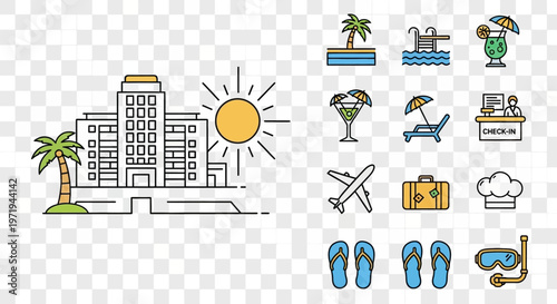 Hotel Resort Icons and Illustration: Vacation, Travel, Leisure, and Hospitality