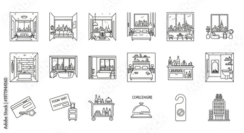 Hotel Room Interior Design Line Art Icons Set