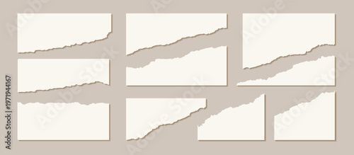 Torn sheets of paper, set of torn paper and strips paper. Blank horizontal note craft paper piece shape. Calligraphy border, isolated grunge header. Vector illustration.