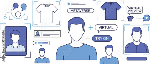 Virtual Try On T Shirt Illustration with Metaverse Avatar, Digital Preview, Online Fitting Interface and Ecommerce Fashion Technology for Interactive Shopping Experience