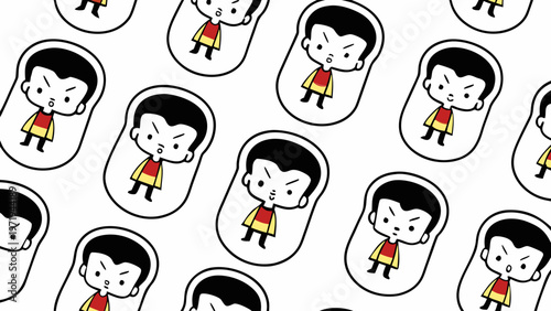 Vector Seamless Pattern of Grumpy Cartoon Boy Sticker Characters