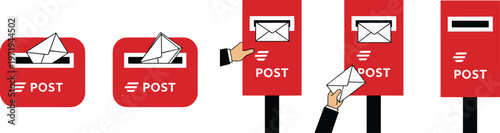 Red post boxes sequence showing envelopes being mailed, illustrating postal communication process with hands inserting letters into slots clearly