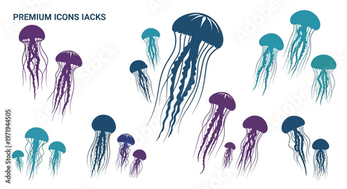 Jellyfish Vector Silhouettes Set: Ocean Life, Marine Animals, Underwater