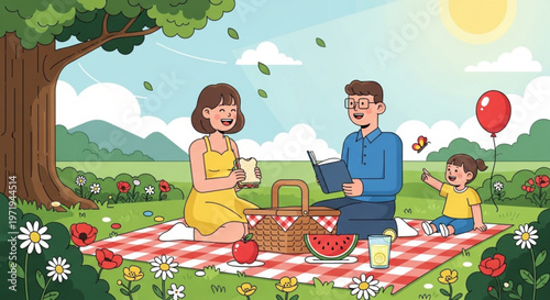 Family having a picnic in a park with a red and white checkered blanket