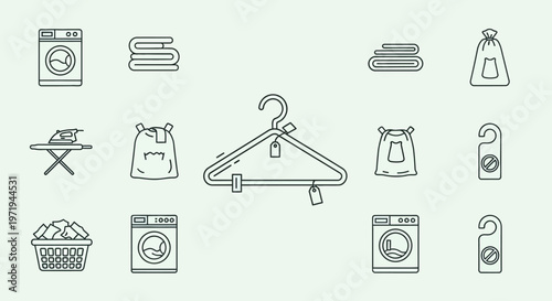 Laundry Icons Set: Washing Machine, Hanger, Ironing Board, Clothes Basket, Bags