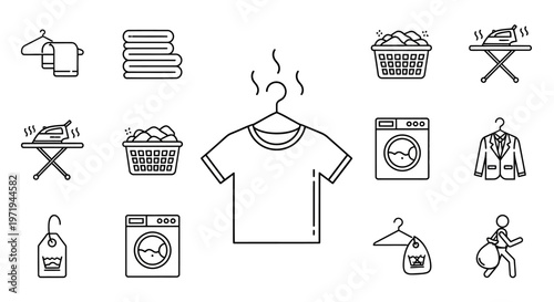 Laundry Icons Set: Washing Machine, Ironing, Basket, Hangers, Clothes