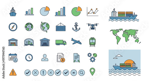 Logistics and Shipping Icons: Global Trade, Delivery, and Supply Chain