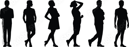 People silhouette collection, standing human poses vector, diverse posture illustration, body language art, fashion style silhouette, identity design, human figure