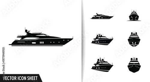 Luxury Yacht Icons Set, Silhouette Vector Illustration