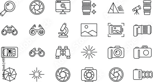 Photography icons silhouettes, optical tools illustration, camera lens symbols, shutter icons design, microscope and telescope outline, binoculars eyeglasses figures, image processing elements