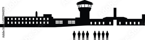 Prison silhouette, jail complex, watchtower security, inmates standing, incarceration concept, criminal justice, detention facility, architecture illustration, punishment system, law enforcement