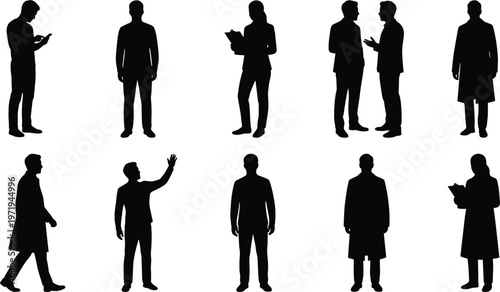 Professional people silhouettes, doctors scientists business professionals, standing walking reading talking gesturing poses, occupational roles, teamwork collaboration, workplace illustration design