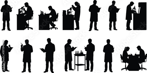Scientists laboratory silhouettes, research teamwork, microscope analysis, test tube experiment, medical discovery, clinical study, scientific collaboration, healthcare innovation, laboratory work