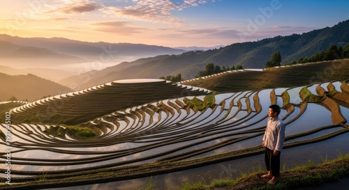 Serene sunrise over terraced rice fields in lush