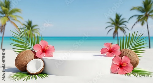 Tropical Beach Coconut and Hibiscus Flat Lay