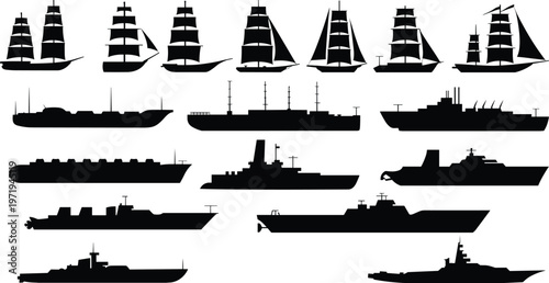 Ship silhouette collection, sailing vessel vector, cargo ship illustration, passenger liner silhouette, warship vector, submarine silhouette, maritime evolution, naval fleet art