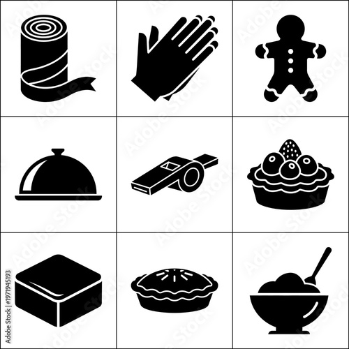Food and cooking black silhouette icons in 3x3 grid on white background featuring roll of tape, oven glove, gingerbread man, covered dish, toaster, fruit tart, cube, pie, and bowl of cereal