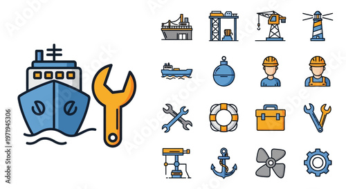 Maritime Industry Icons: Ship, Wrench, Crane, Lighthouse, Lifebuoy, Toolbox