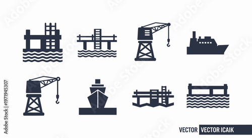 Maritime Industry Icons: Ships, Cranes, and Docks Silhouette Collection