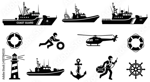 Photos Maritime Rescue Icons: Coast Guard, Helicopter, Lighthouse, Boat, Lifebuoy