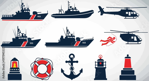 Maritime Security and Rescue Icons: Boats, Helicopter, Diver, Anchor, Lighthouse