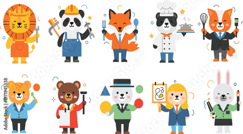 Animal Profession Vector Set with Lion, Panda, Fox, Dog and Rabbit Characters as Chef, Waiter, Doctor and Business Worker for Cartoon Design.