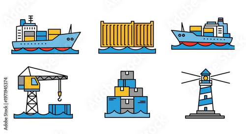 Maritime Shipping Icons: Ships, Crane, Containers, Lighthouse, Cargo