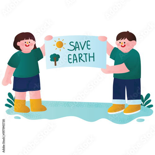 Save Earth Illustration. Vector illustration of people holding banner with save earth message for environmental awareness. Isolated on background