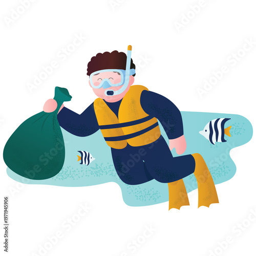 Save Earth Illustration. Vector illustration of diver collecting waste underwater protecting marine life. Isolated on background