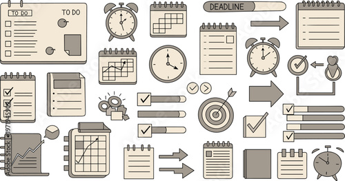 Time Management and Productivity Illustration Set with To Do Lists, Deadlines, Checklists, Calendars and Task Planning Icons