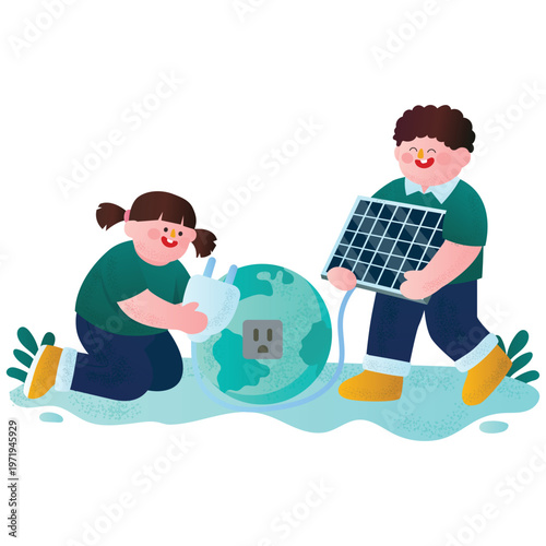 Save Earth Illustration. Vector illustration of people using solar panel powering earth with renewable energy. Isolated on background