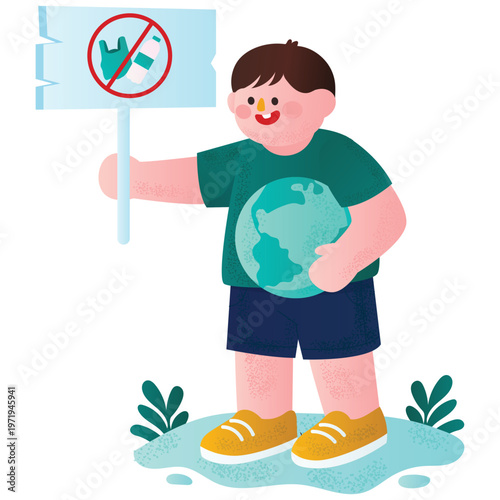 Save Earth Illustration. Vector illustration of person holding no plastic sign promoting environmental protection. Isolated on background