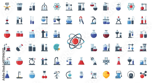 Science Icons Set: Chemistry, Biology, Physics, Research & Lab Equipment Vector Illustrations
