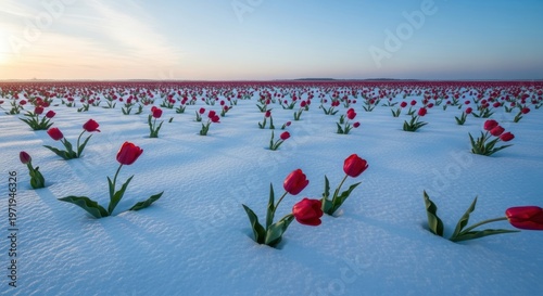 Vivid red tulips blooming through a winter snow