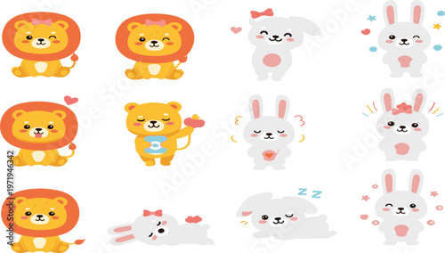 Cute Animal Character Vector Set with Lion and Rabbit Showing Different Emotions, Sleeping, Crying, Happy and Playful Expressions for Kids Cartoon Design.