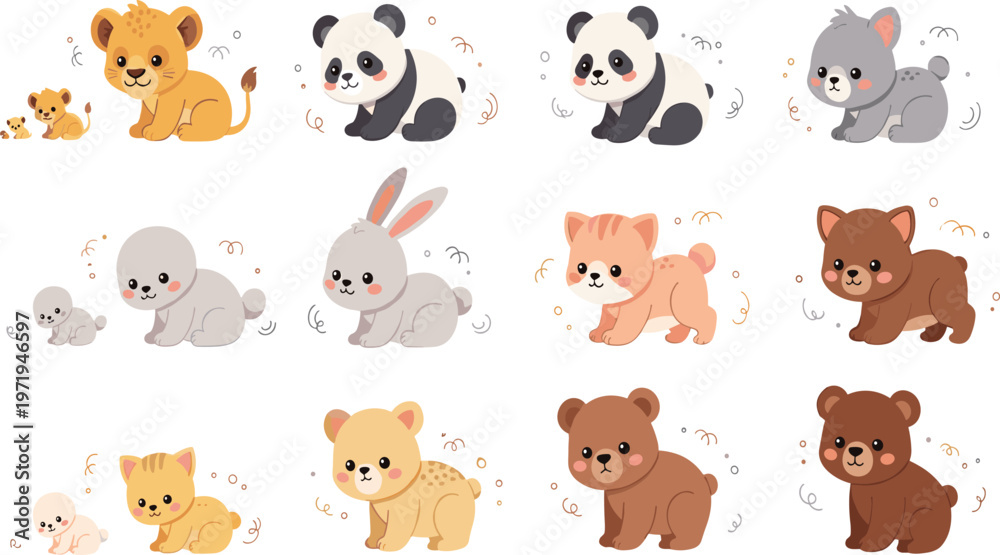 Fototapeta premium Cute Baby Animal Vector Set with Lion, Panda, Elephant, Rabbit, Cat and Bear Characters for Adorable Cartoon Illustration and Kids Design.