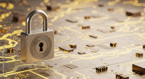 Digital security concept with padlock on circuit board.