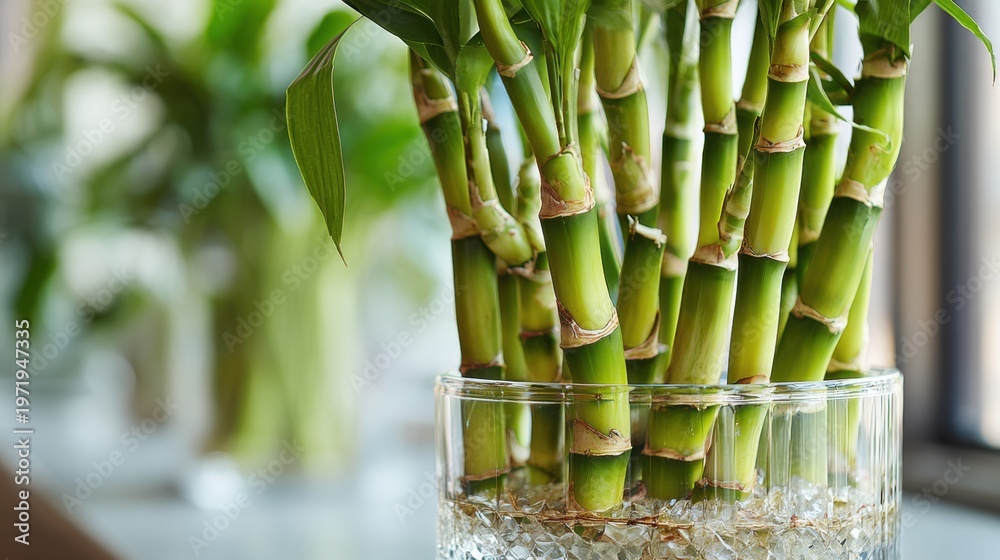 Fototapeta premium Lucky bamboo stalks arranged in glass vase on windowsill