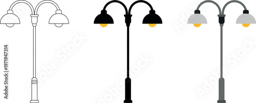 Street light icons outline black silhouette cartoon vintage lamps vector set landscape construction elements clean modern illustration