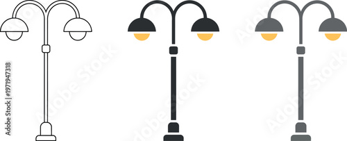 Street light icons outline black silhouette cartoon vintage lamps vector set landscape construction elements isolated white background