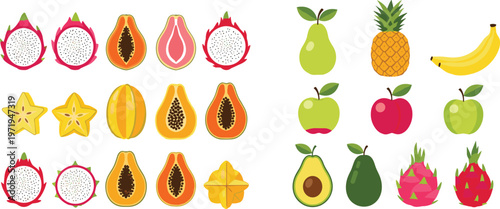 Tropical Fruit Icon Set Vector Collection with Dragon Fruit Papaya Pineapple Banana Apple and Avocado Isolated on Transparent Background