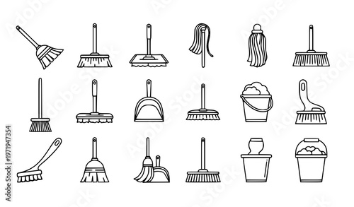 A set of various cleaning tools and equipment in a simple line art style
