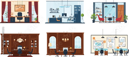 Office Interior Design Illustration Set with Modern Workspace, Executive кабинets, Meeting Rooms and Corporate Office Layout Concepts