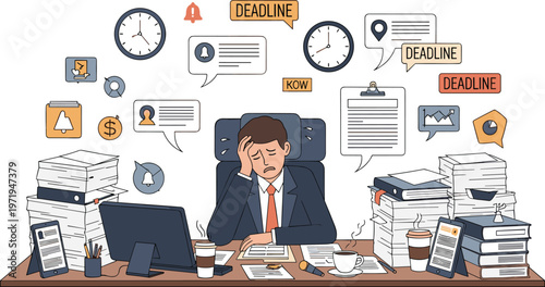 Work Stress and Deadline Pressure Illustration with Overloaded Office Desk, Busy Businessman, Paperwork and Time Management Challenges