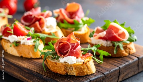 Delicious Bruschetta Appetizers with Prosciutto and Fresh Ingredients.