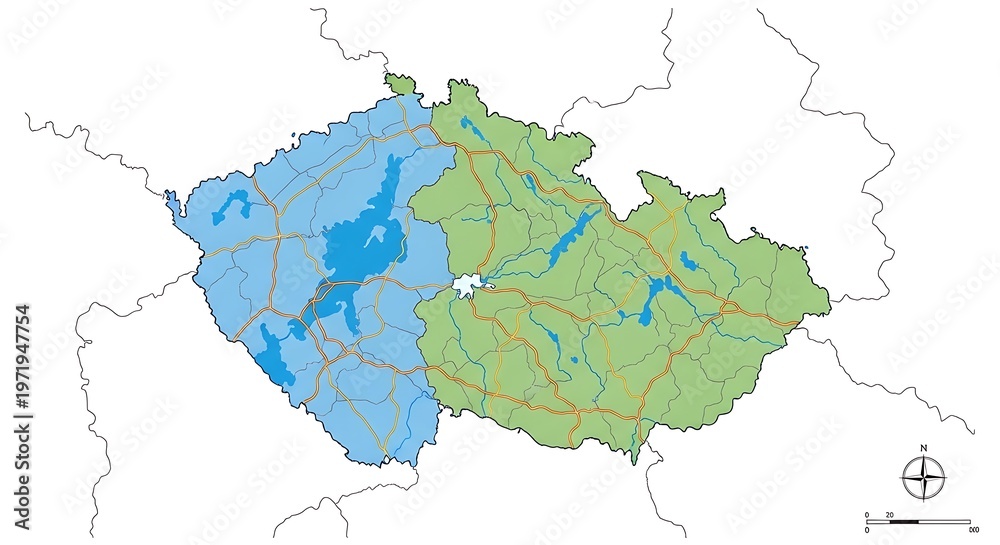 Fototapeta premium Czech republic map with colored regions and water features