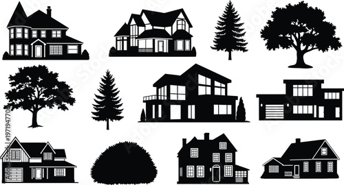 Black House Silhouettes with Trees on White Background