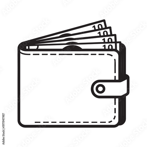 Modern Wallet Icon, Black Outline Vector, Minimal Line Art, Money Purse Payment Symbol, Editable SVG, Isolated on White