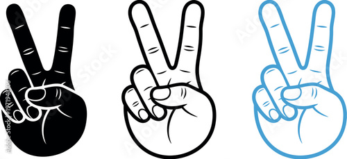 Peace hand icons V gesture black blue vector set freedom success victory positive expression symbol isolated white background