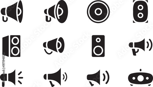 Communication and audio equipment icons including speakers megaphones.